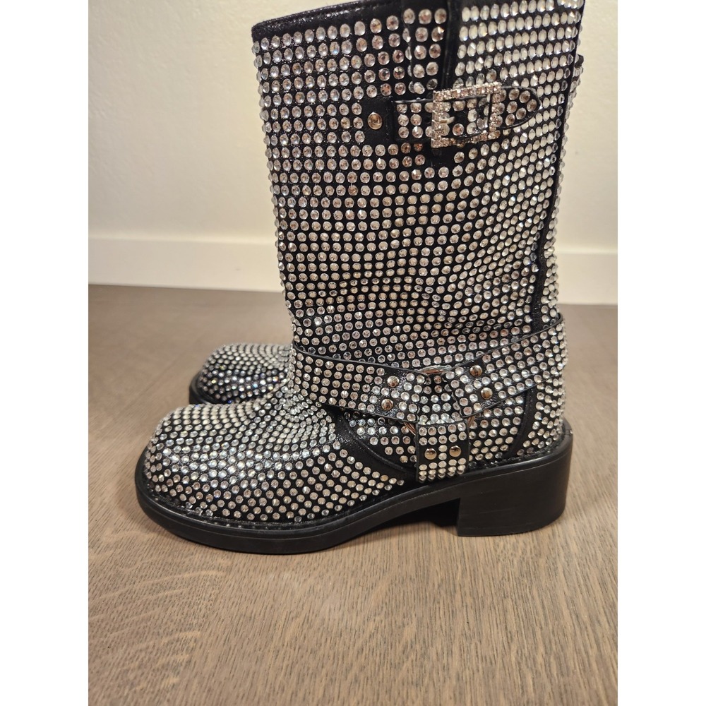 New $200 Azalea Wang Silver Studded Boots 7 Bling Rhinestone Black Combat Bootie